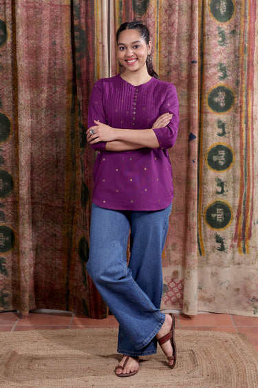 Purple Zari Buti South Cotton Women Kurti Long Sleeves WKILS253C39