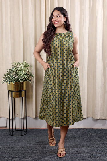 Olive Green Ajrakh Cotton Women Midi Dress Sleeveless WDRSL252C12