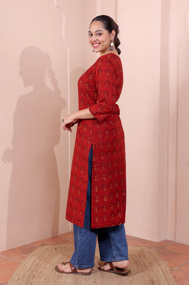 Rust Dhabu Cotton Women Long Kurta