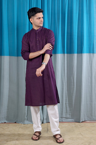 Dark Plum Stripes Zari South Cotton Men Long Kurta Full Sleeves MLKFS122512