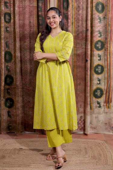 Bright Mustard Sanganeri Cotton Dobby Women Long Kurta Long Sleeves WLKLS253C65