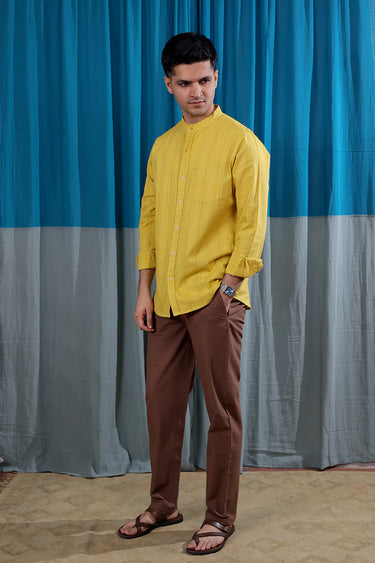 Mustard Yellow Dobby Stripes Natural Cotton Linen Men Shirt Full Sleeves MSHFS12253