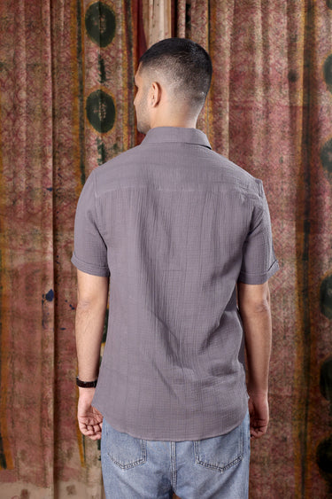 Steel Grey Hand Dyed Cotton Double Cloth Men Shirt Half Sleeves MSHHS251C24