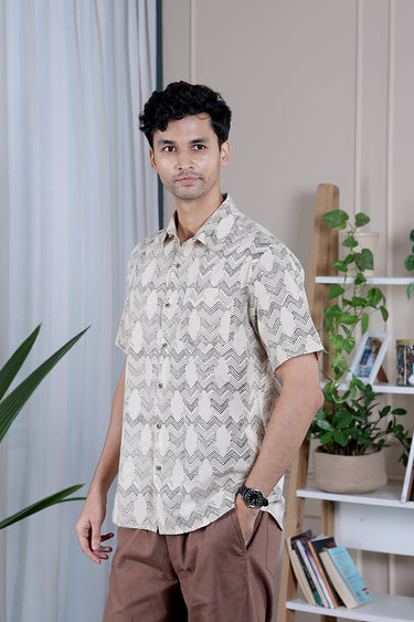 Black Grey Bagru Lite Cotton Flax Men Shirt