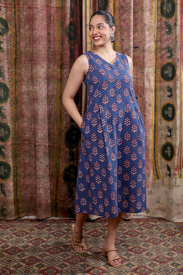 Indigo Dhabu Cotton Women Midi Dress Sleeveless WDRSL253C16