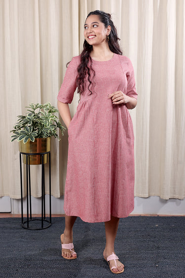 Maroon Stripes Cotton Flax Women Midi Dress Long Sleeves WDRLS252C27