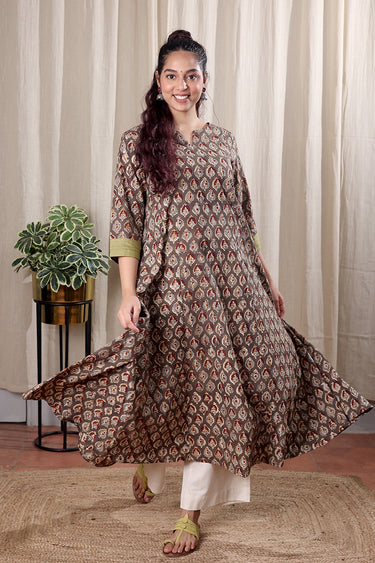 Grey Kalamkari Cotton Women Ankle Kurta Long Sleeves WAKLS252C7