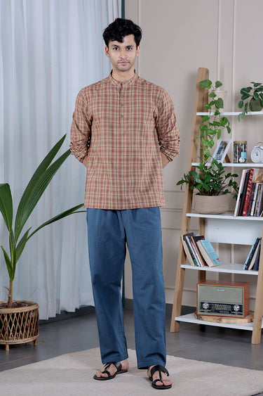 Dark Beige Checks South Cotton Men Short Kurta