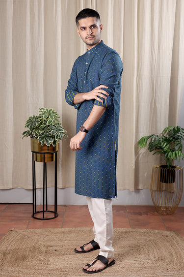 Dark Blue Dobby Stripes South Cotton Men Long Kurta Full Sleeves MLKFS251C6