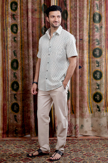 Green Sanganeri Cotton Linen Men Shirt Half Sleeves MSHHS253C2