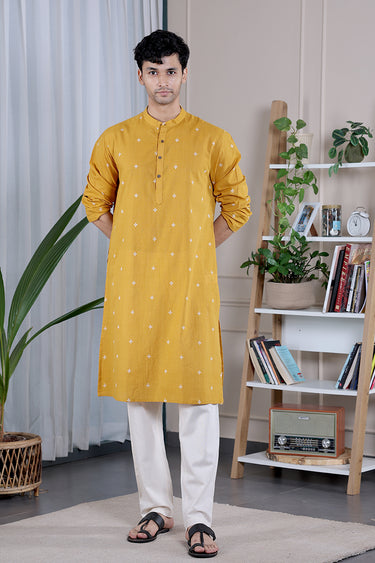 Mustard Yellow Dobby South Cotton Men Long Kurta