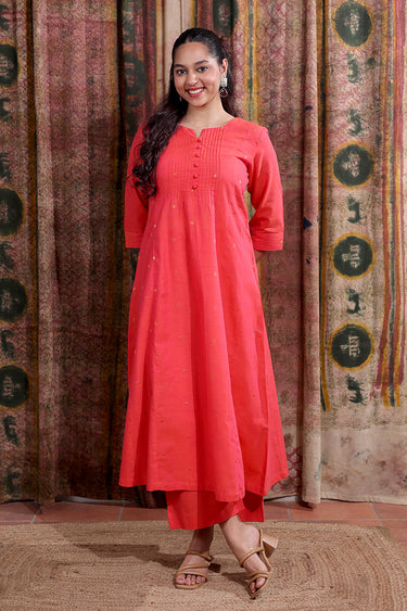 Light Coral Zari Buti South Cotton Women Ankle Kurta