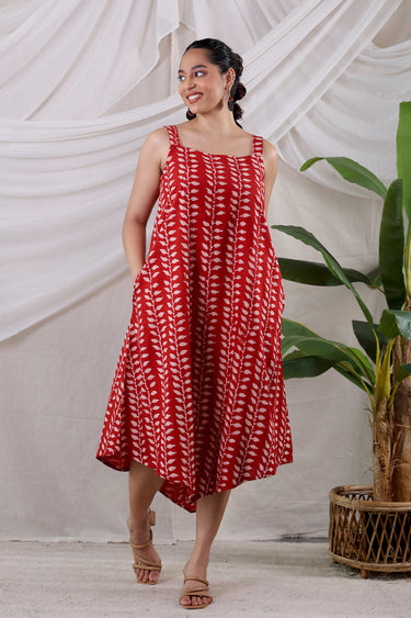 Rust Dhabu Cotton Women Midi Dress