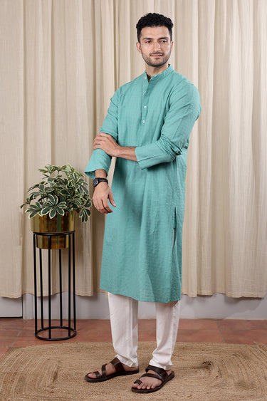 Sea Green Checks South Cotton Men Long Kurta Full Sleeves MLKFS252C25