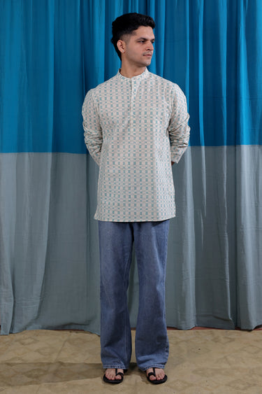 Teal Blue Sanganeri Natural Cotton Linen Men Short Kurta Full Sleeves MSKFS01265