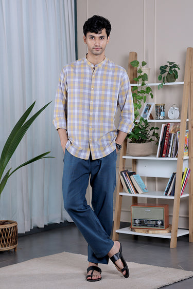 Yellow Grey Checks South Cotton Men Shirt