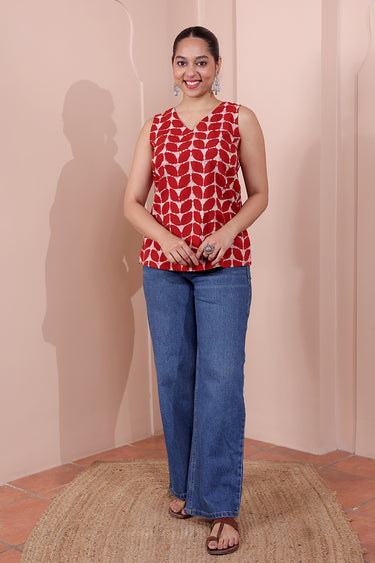 Rust Dhabu Cotton Women Short Top Sleeveless WSTSL253C79