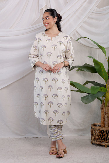 Brown Purple Sanganeri Natural Cotton Linen Women Long Kurta