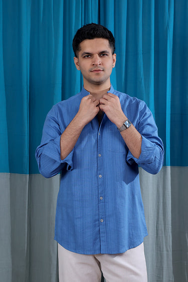 Deep Blue Dobby Stripes Natural Cotton Linen Men Shirt Full Sleeves MSHFS12255