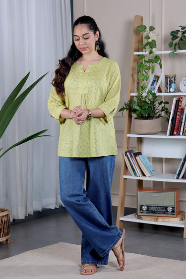 Olive Green Sanganeri Cotton Dobby Women Kurti