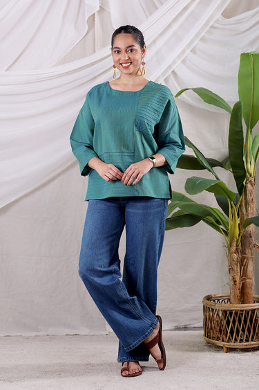 Aqua Blue Yarn Dyed Fine Cotton Flax Women Short Top