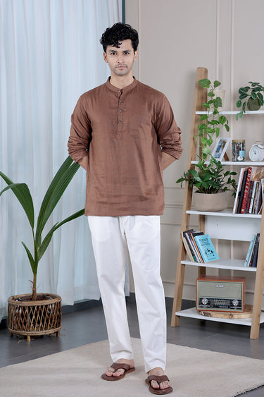 Walnut Brown Dyed Lyocell Linen Men Short Kurta
