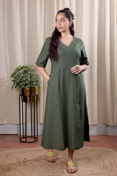 Forest Green Hand Dyed Lyocell Linen Women Midi Dress Long Sleeves WDRLS252C6