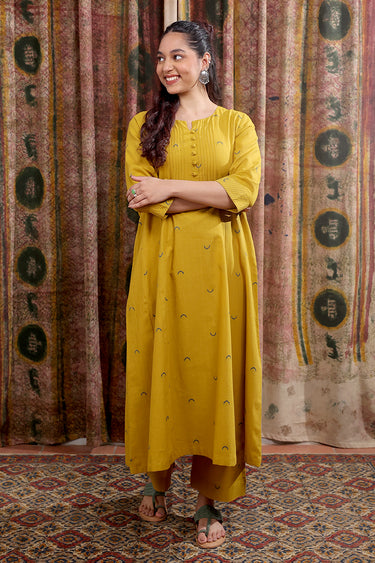 Ochre Dobby Buti South Cotton Women Flared Pant WFLPT252C69