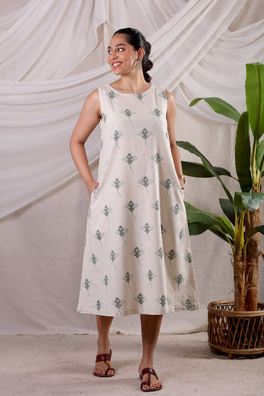 Ray of Hope Teal Green Sanganeri Natural Cotton Linen Women Midi Dress