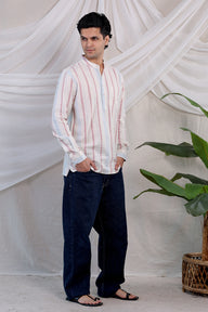 Red Blue Stripes Natural Cotton Linen Men Short Kurta