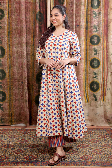 Rust Blue Bagru Cotton Flax Women Flared Pant WFLPT252C75