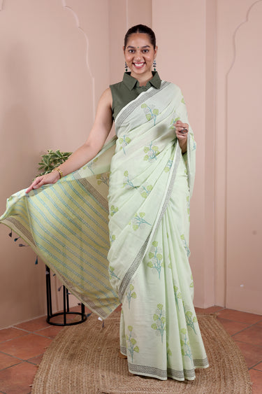 Pastel Green Sanganeri Cotton Malmal Saree SAREE251C22