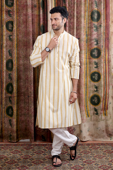 Mustard Stripes Cotton Linen Men Long Kurta Full Sleeves MLKFS253C31