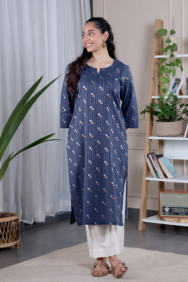 Midnight Blue Stripes Dobby South Cotton Women Long Kurta