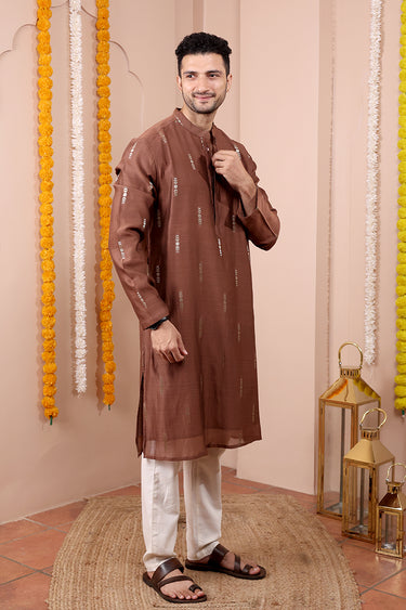 Brown Jaquard Buta Banarasi Silk Men Long Kurta Full Sleeves MLKFS252C56