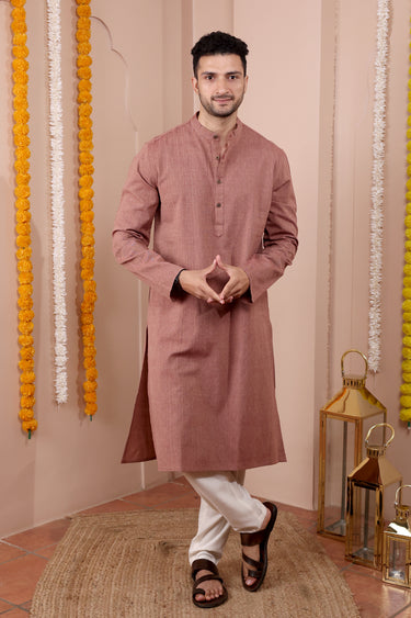 Brown Yarn Dyed Amber Cotton Men Long Kurta Full Sleeves MLKFS252C26