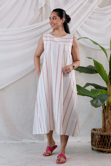 Red Blue Stripes Natural Cotton Linen Women Midi Dress
