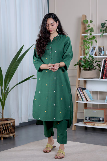 Forest Green Dobby South Cotton Women Long Kurta