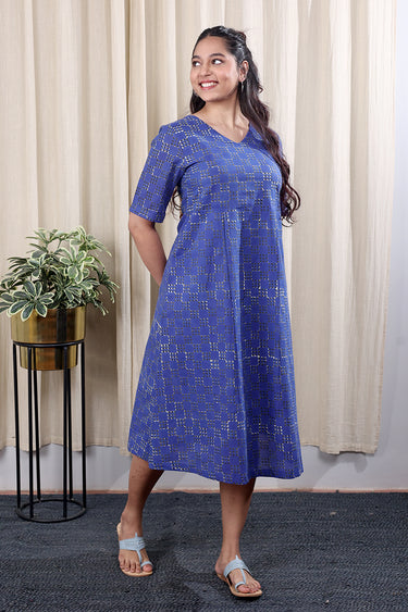 Dark Blue Bagru Cotton Women Midi Dress Long Sleeves WDRLS252C26
