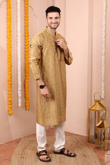 Brown Jaquard Banarasi Silk Men Long Kurta Full Sleeves MLKFS252C32