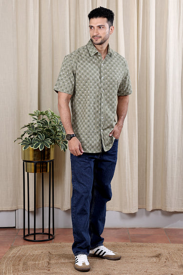 Military Green Sanganeri Cotton Flax Men Shirt Half Sleeves MSHHS252C11