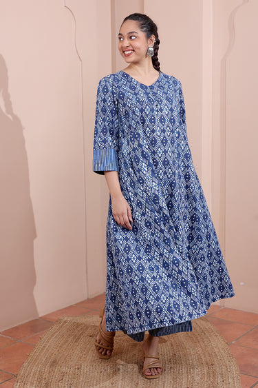 Indigo Dhabu Cotton Satin Women Flared Pant WFLPT252C76