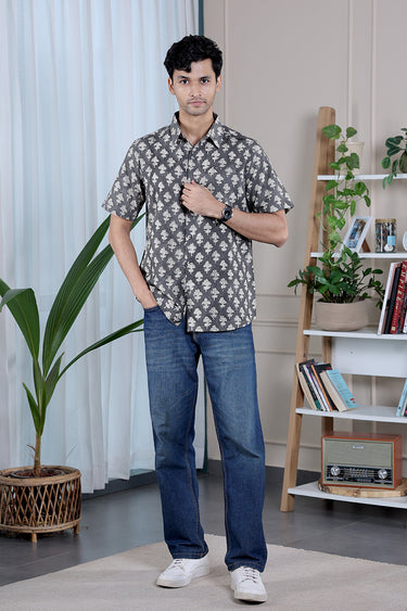 Dull Grey Bagru Lite Cotton Flax Men Shirt