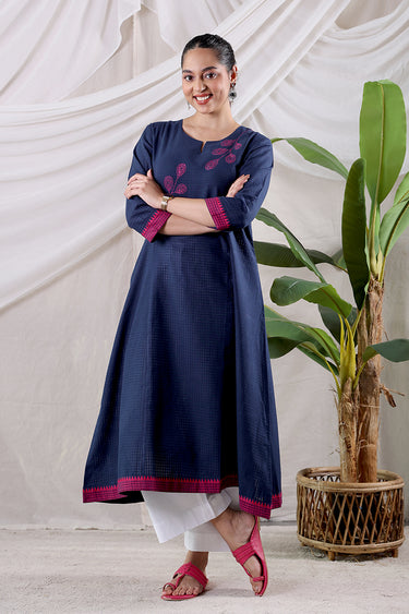 Navy Blue Hand Embroidery South Cotton Women Long Kurta