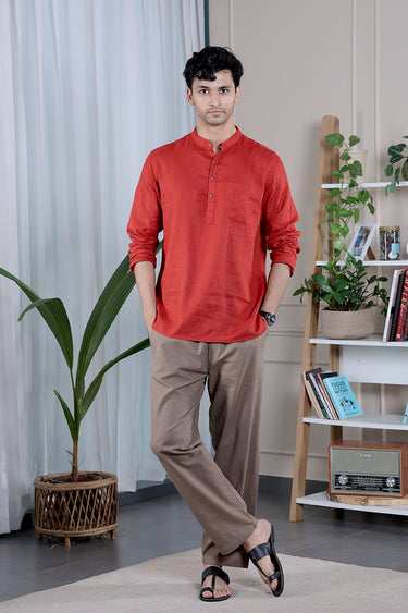 Brick Red Dyed Lyocell Linen Men Short Kurta