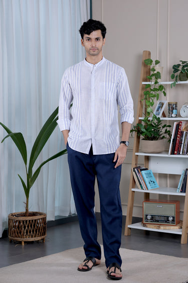 Lilac Stripes Natural Cotton Linen Men Shirt