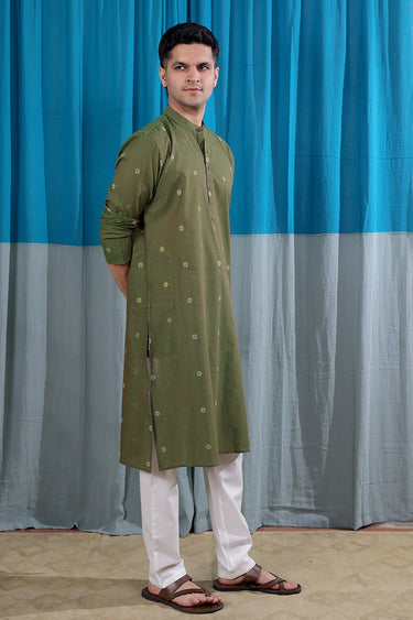 Olive Green Zari Buti South Cotton Men Long Kurta