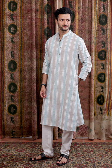 Blue Grey Stripes Cotton Linen Men Long Kurta Full Sleeves MLKFS253C32