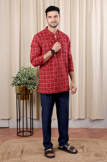Brick Red Checks Buta South Cotton Men Short Kurta Full Sleeves MSKFS252C56