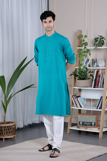 Teal Green Checks South Cotton Men Long Kurta